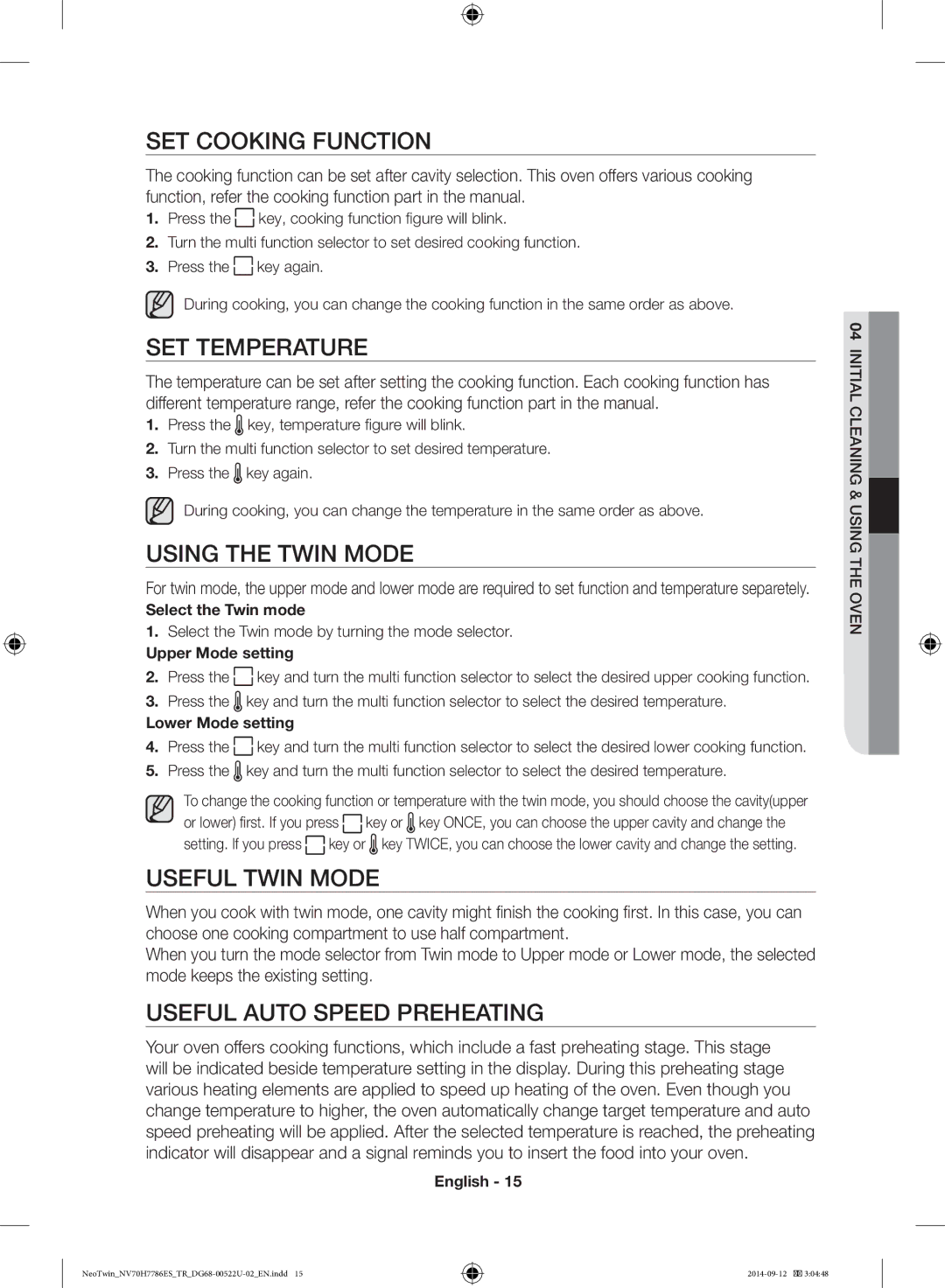 Samsung NV70H7786ES/TR manual SET Cooking Function, SET Temperature, Using the Twin Mode, Useful Twin Mode 