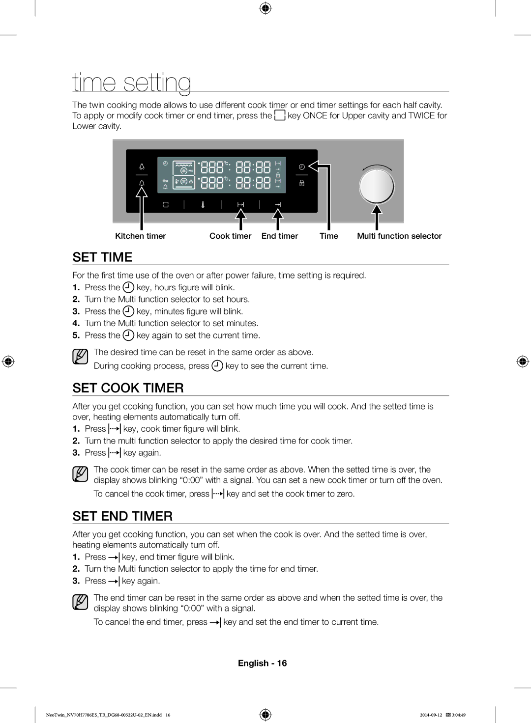 Samsung NV70H7786ES/TR manual Time setting, SET Time, SET Cook Timer, SET END Timer 