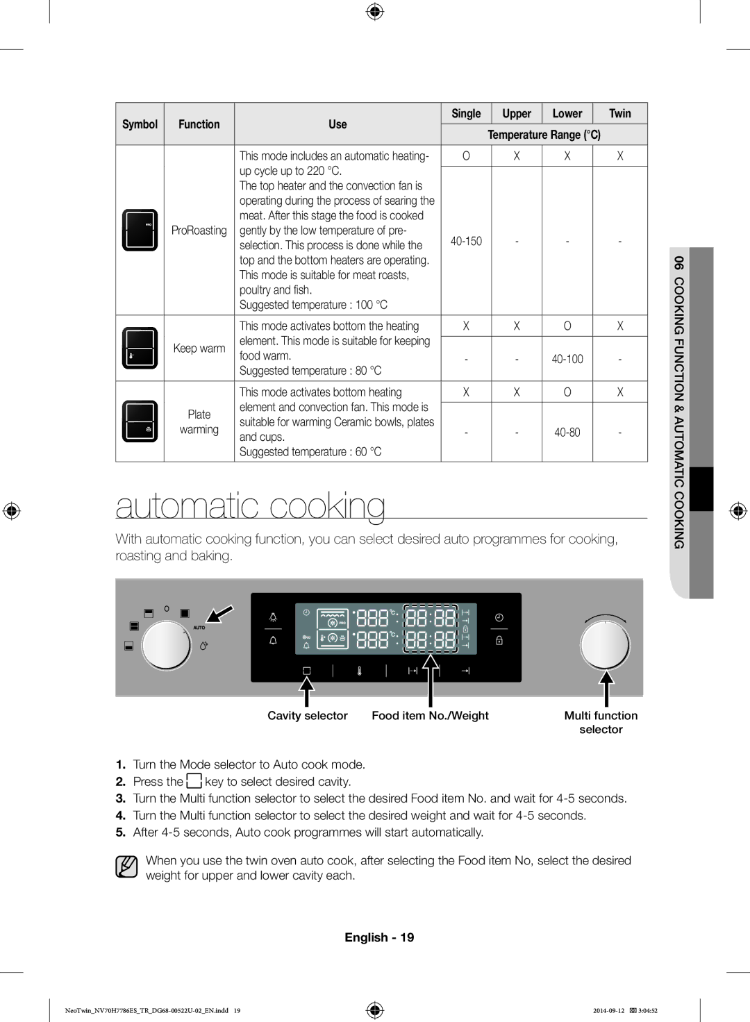 Samsung NV70H7786ES/TR Automatic cooking, Up cycle up to 220 C, Poultry and fish Suggested temperature 100 C, Food warm 