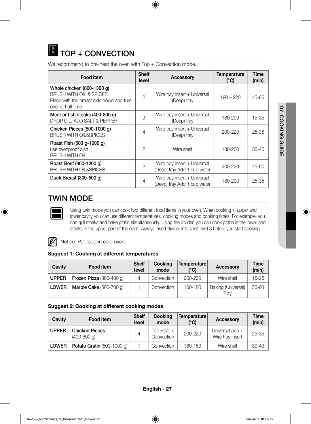 Samsung NV70H7786ES/TR manual TOP + Convection, Twin Mode, Accessory Time 