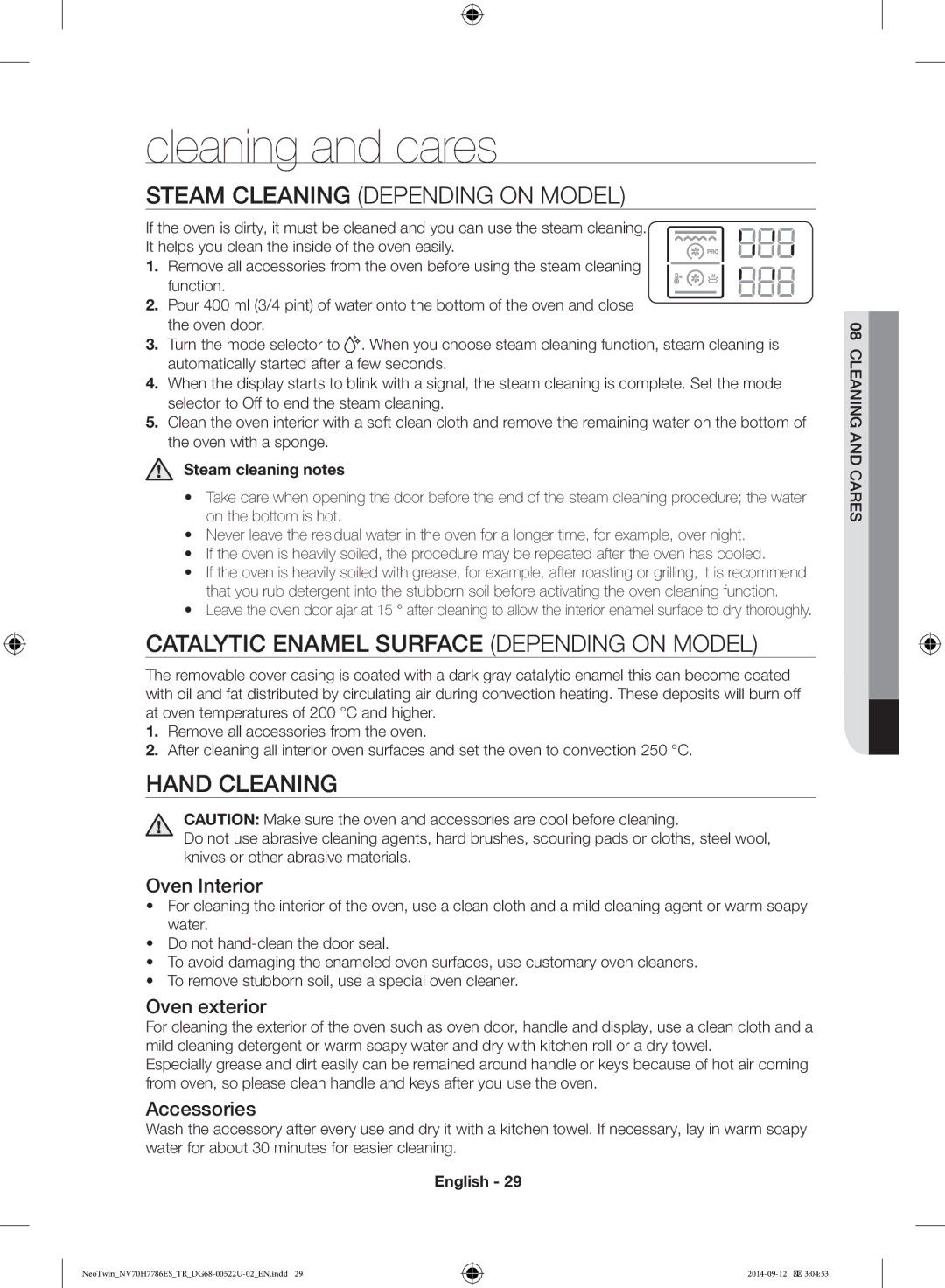 Samsung NV70H7786ES/TR Cleaning and cares, Steam Cleaning Depending on Model, Catalytic Enamel Surface Depending on Model 