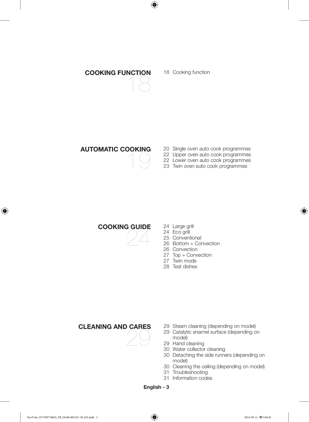 Samsung NV70H7786ES/TR manual Automatic Cooking Cooking Guide Cleaning and Cares, Cooking function 