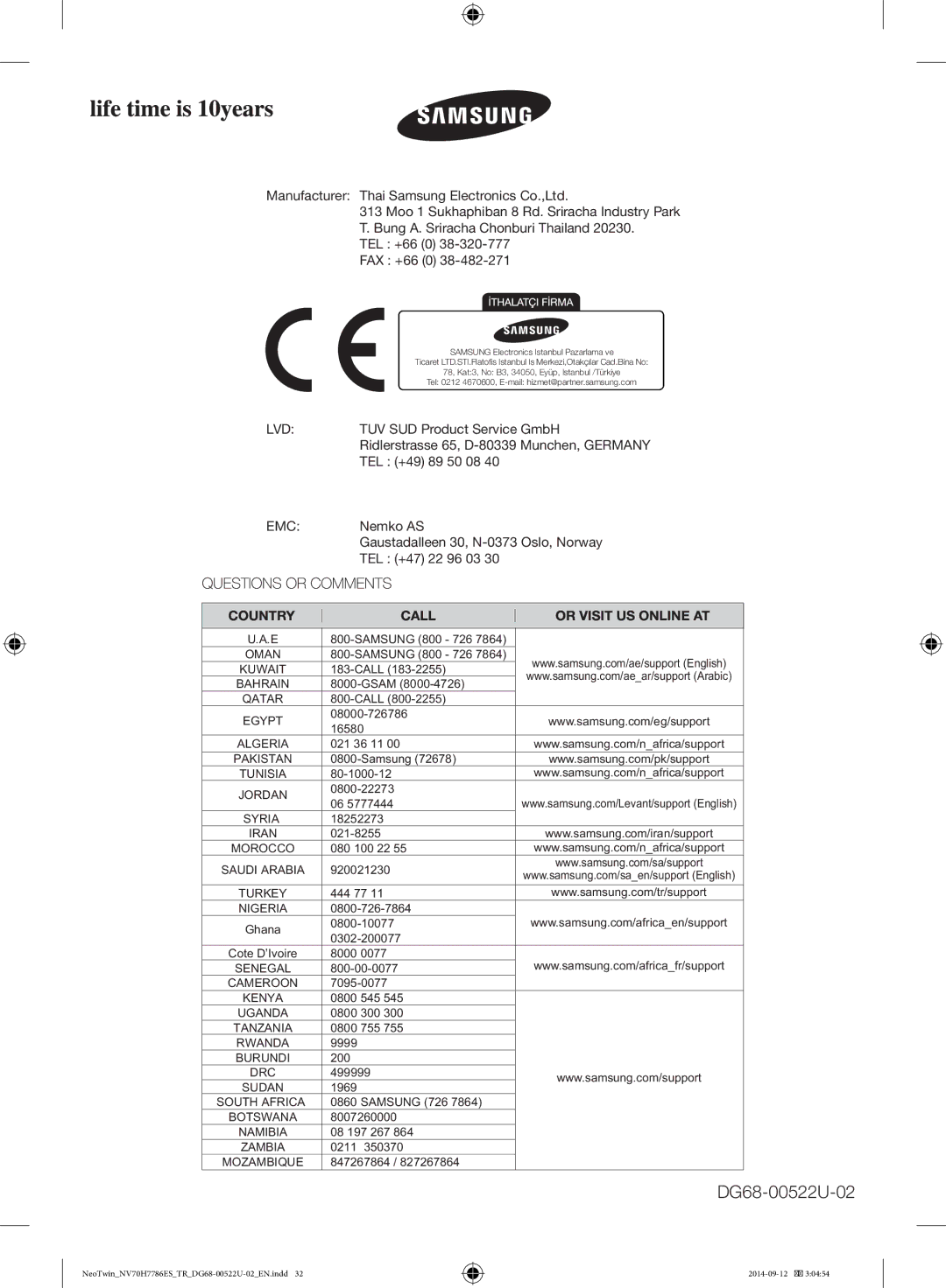 Samsung NV70H7786ES/TR manual DG68-00522U-02 