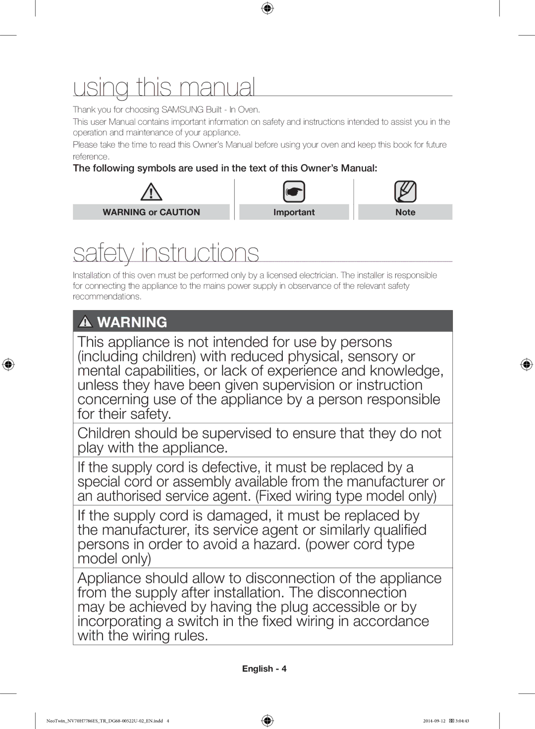 Samsung NV70H7786ES/TR Using this manual, Safety instructions, Thank you for choosing Samsung Built In Oven 