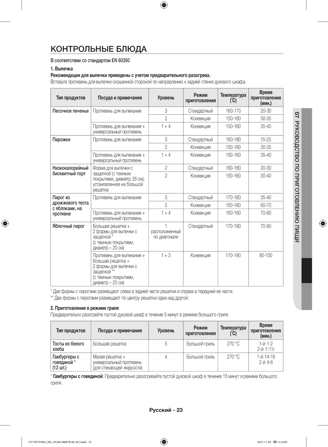 Samsung NV70J7554KS/ML manual Контрольные Блюда, Режим, Время, Приготовление в режиме гриля 