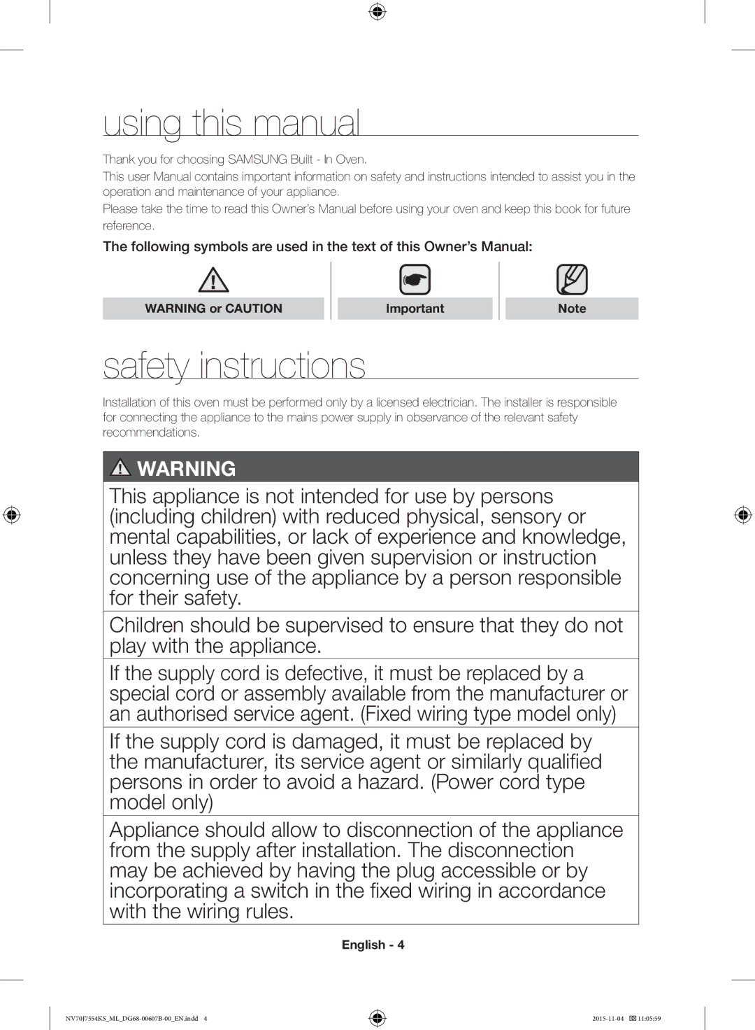 Samsung NV70J7554KS/ML Using this manual, Safety instructions, Thank you for choosing Samsung Built In Oven 