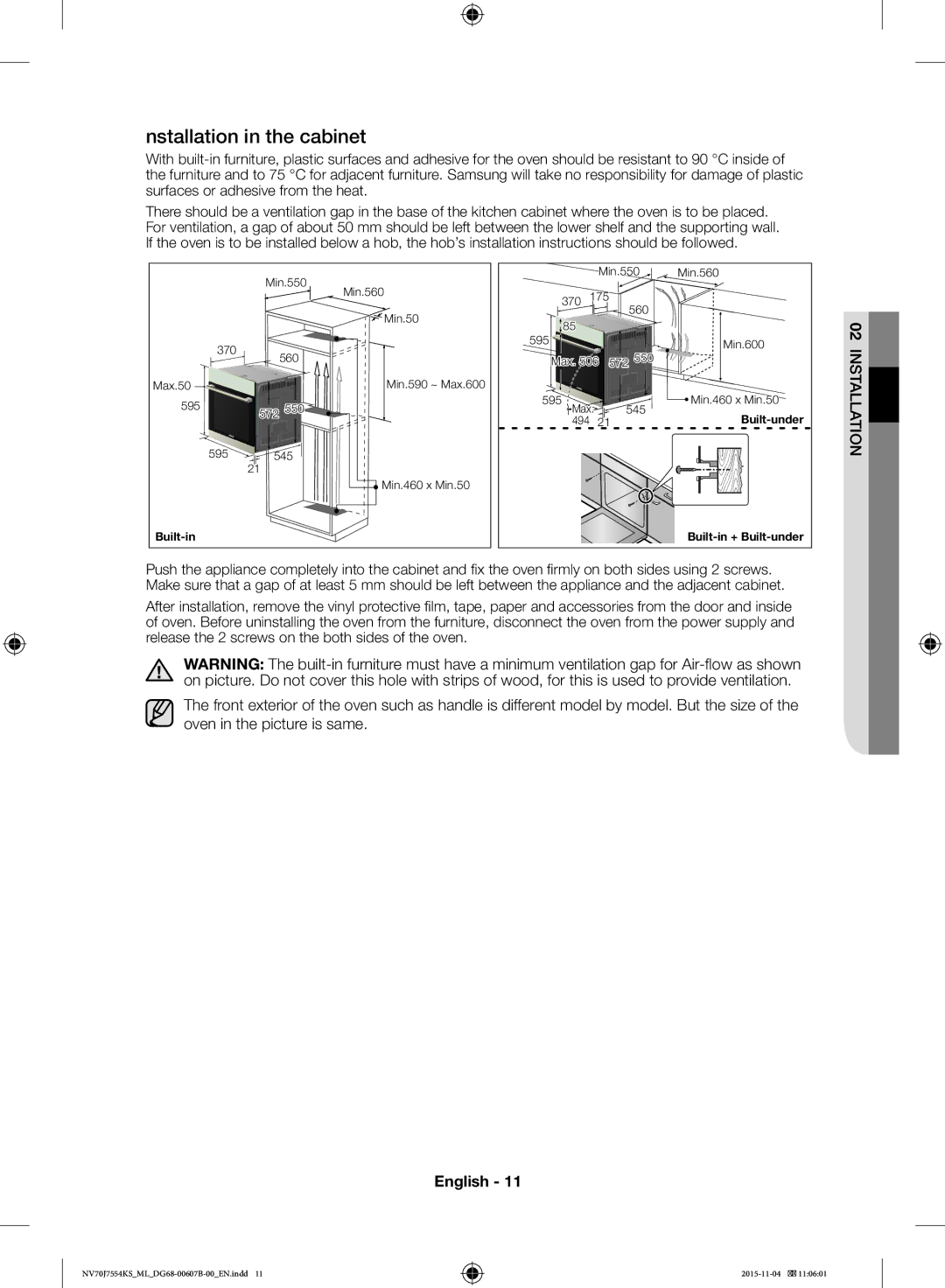 Samsung NV70J7554KS/ML manual Nstallation in the cabinet 