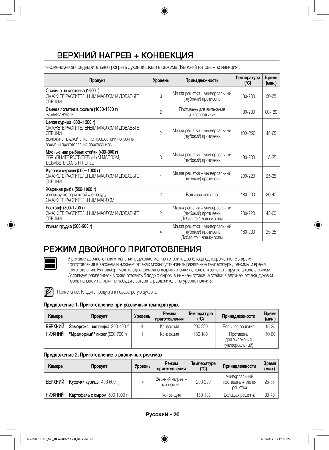 Samsung NV70J7786KS/ML manual Верхний Нагрев + Конвекция, Предложение 1. Приготовление при различных температурах, Режим 