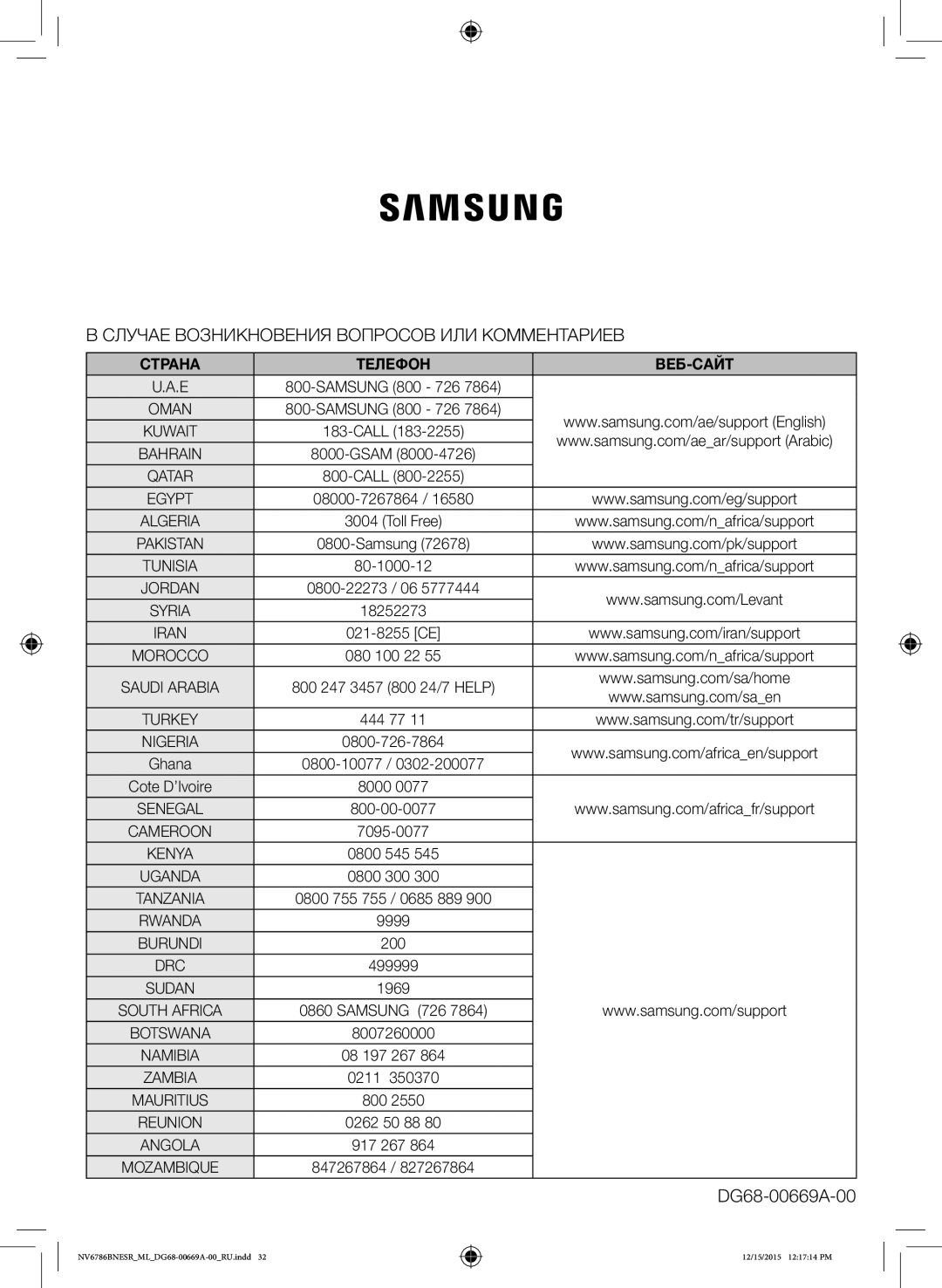 Samsung NV70J7786KS/ML manual Toll Free, Ghana 0800-10077 Cote D’Ivoire 8000 