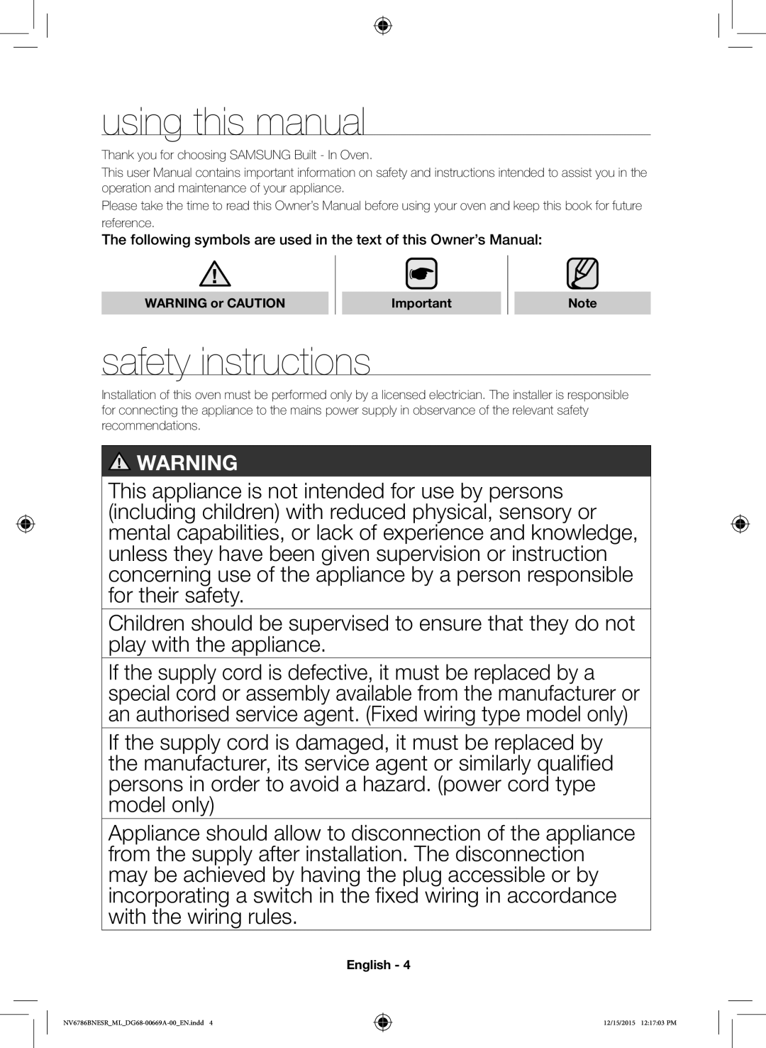 Samsung NV70J7786KS/ML Using this manual, Safety instructions, Thank you for choosing Samsung Built In Oven 