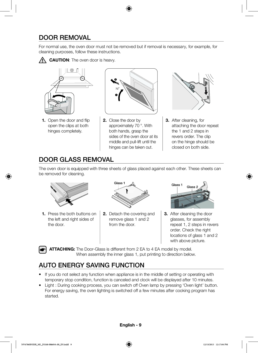 Samsung NV70J7786KS/ML manual Door Removal, Door Glass Removal, Auto Energy Saving Function, Started 