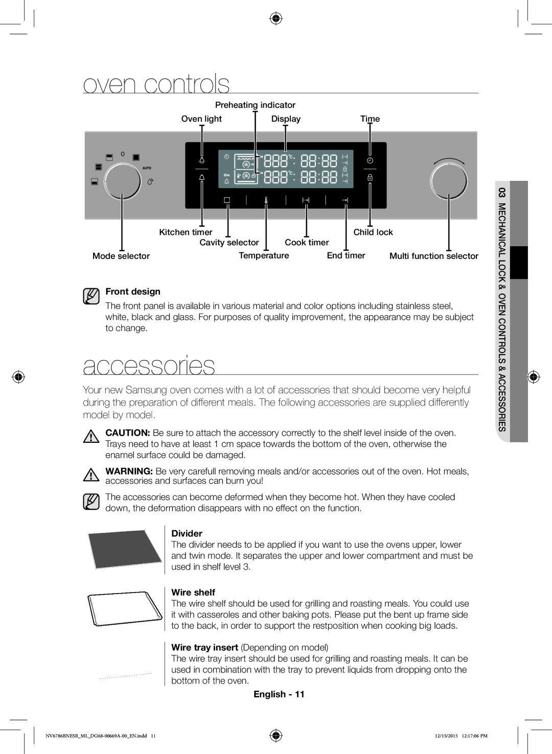 Samsung NV70J7786KS/ML manual Oven controls, Accessories, Front design, Divider, Wire shelf 