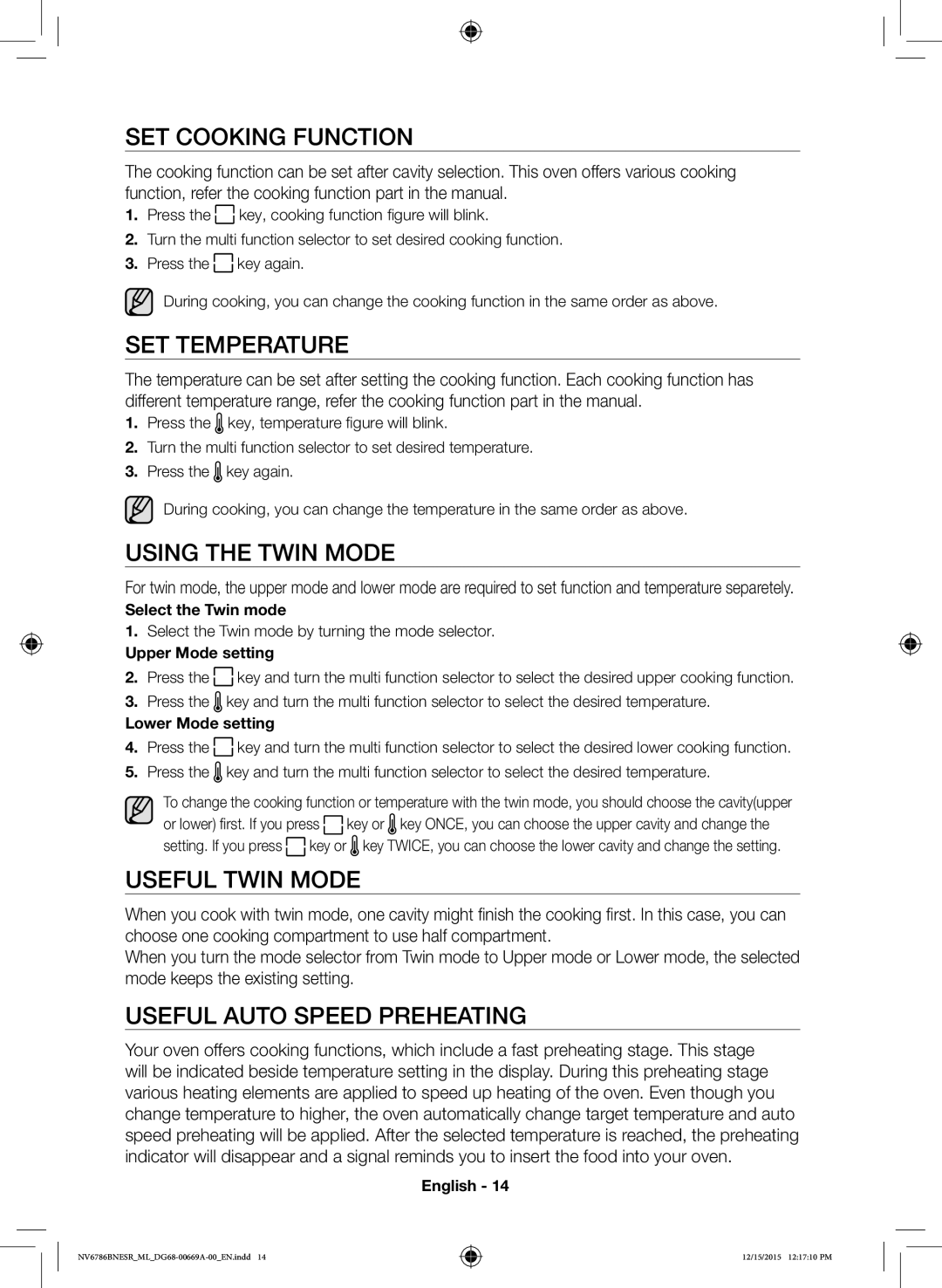 Samsung NV70J7786KS/ML manual SET Cooking Function, SET Temperature, Using the Twin Mode, Useful Twin Mode 