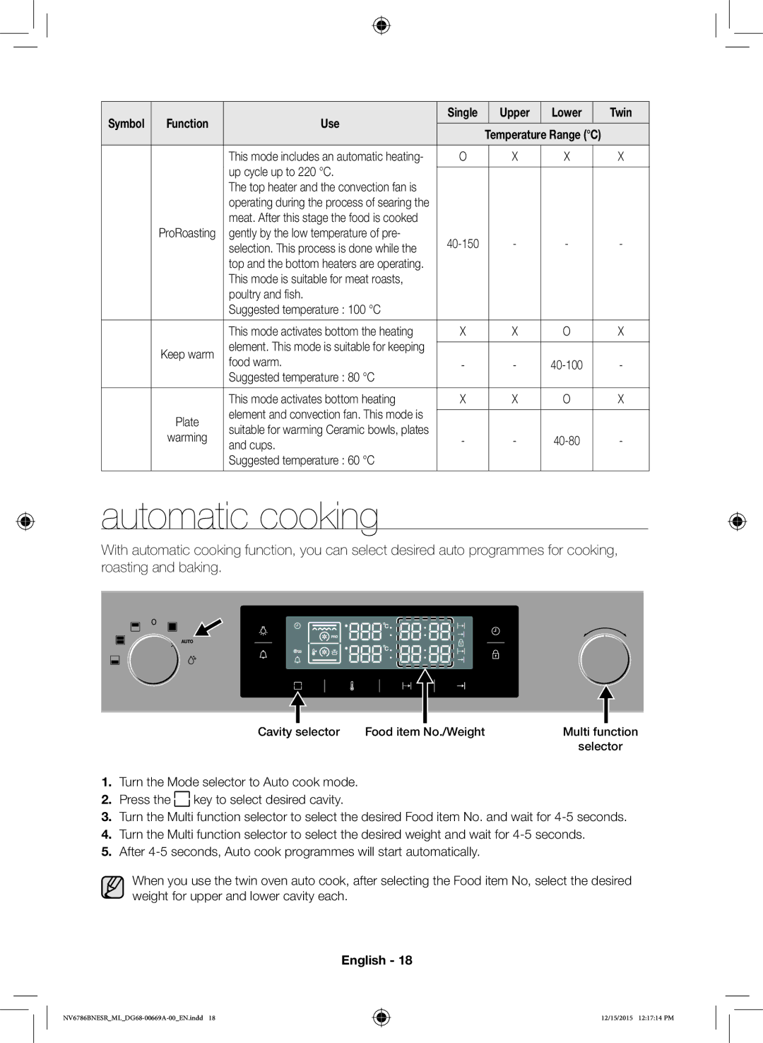 Samsung NV70J7786KS/ML Automatic cooking, Up cycle up to 220 C, Poultry and fish Suggested temperature 100 C, Food warm 