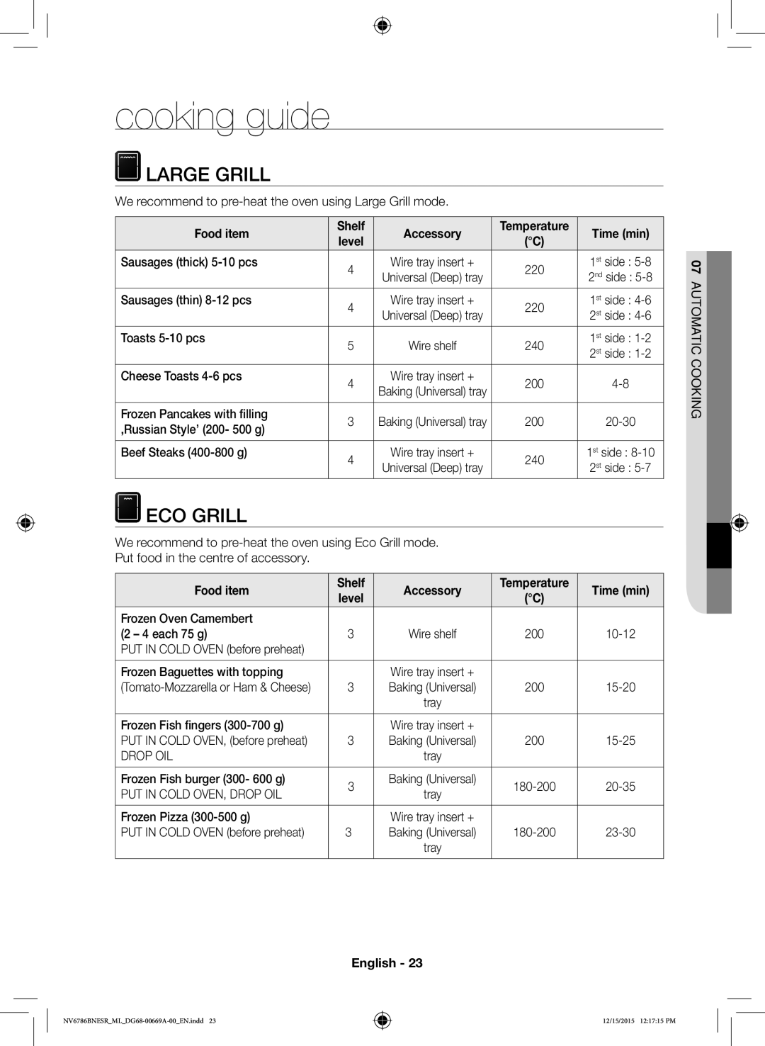 Samsung NV70J7786KS/ML manual Cooking guide, Large Grill, ECO Grill, Food item Shelf Accessory, Time min 