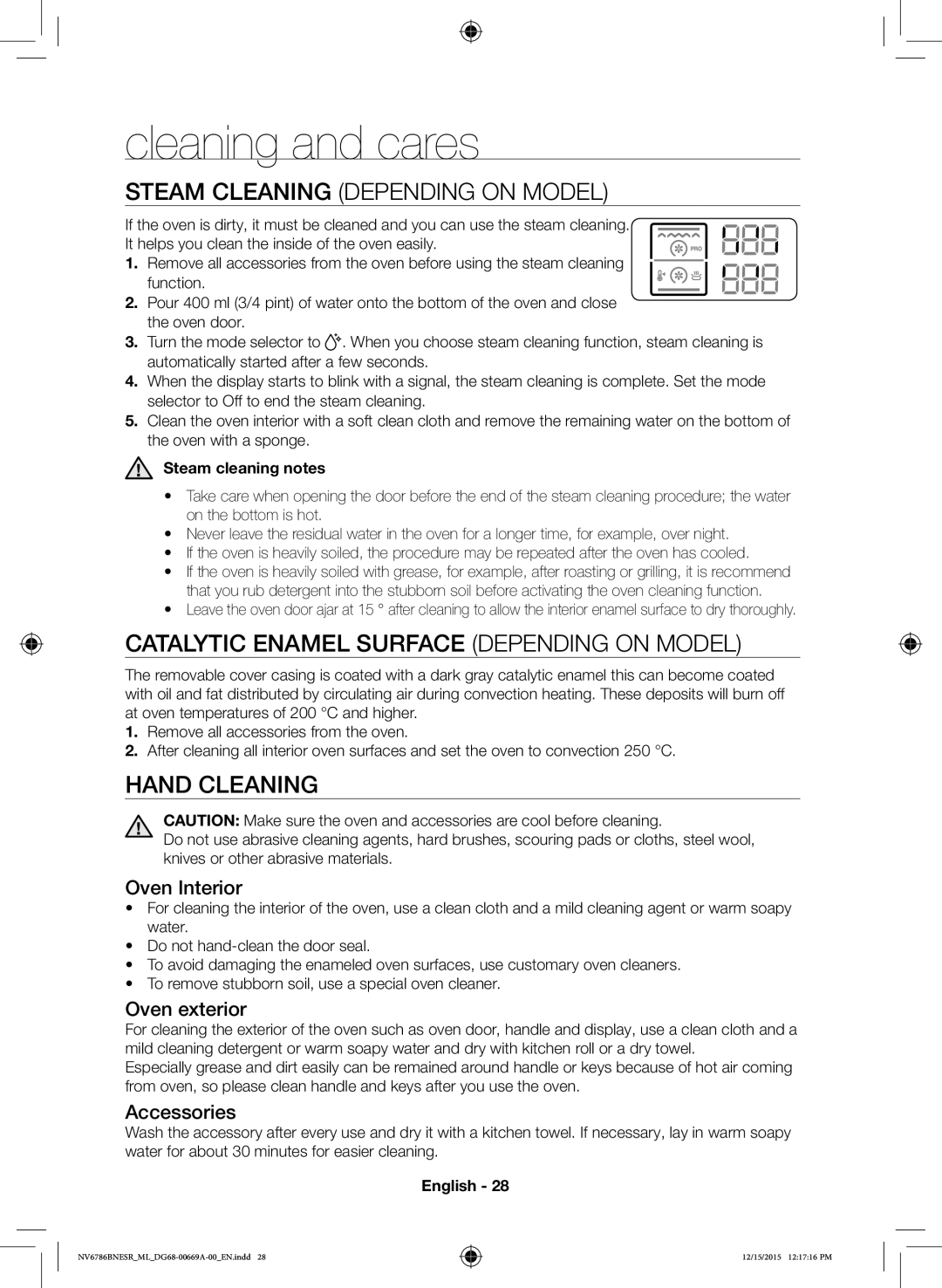 Samsung NV70J7786KS/ML Cleaning and cares, Steam Cleaning Depending on Model, Catalytic Enamel Surface Depending on Model 