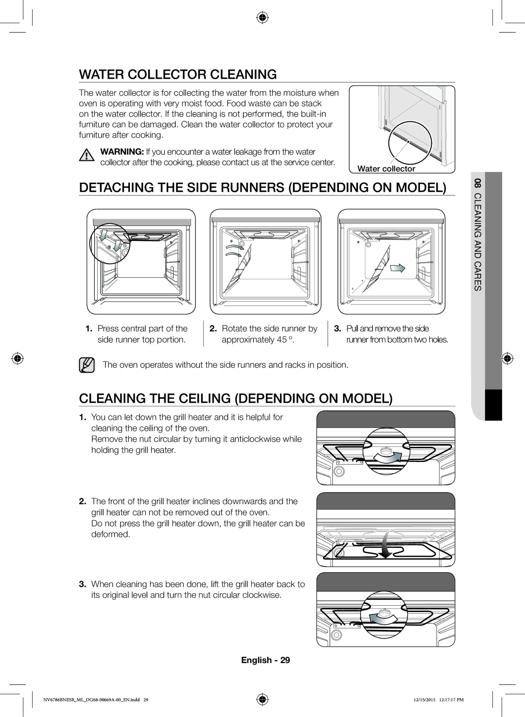 Samsung NV70J7786KS/ML manual Water Collector Cleaning, Detaching the Side Runners Depending on Model, Water collector 