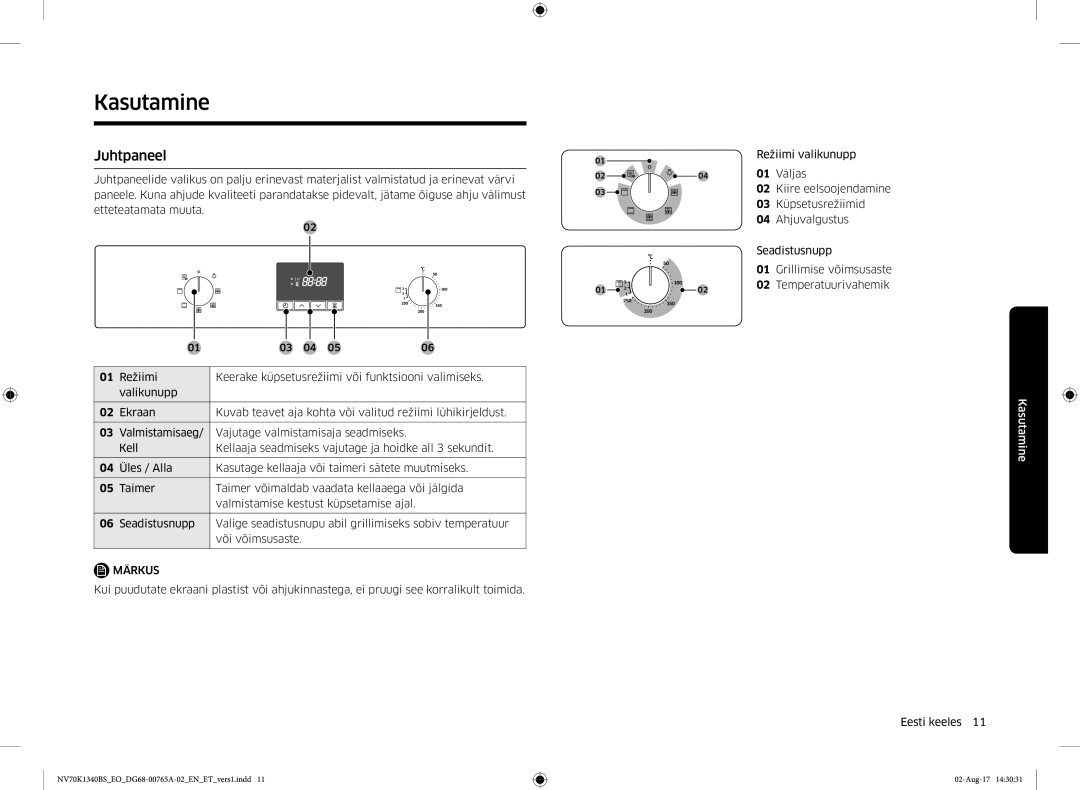 Samsung NV70K1340BS/EO, NV70K1340BB/EO manual Kasutamine, Juhtpaneel 