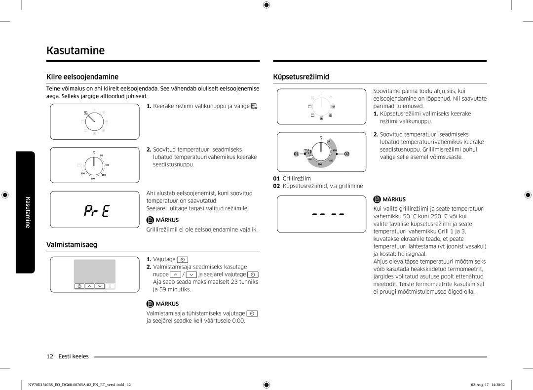 Samsung NV70K1340BB/EO, NV70K1340BS/EO manual Kiire eelsoojendamine, Valmistamisaeg, Küpsetusrežiimid 