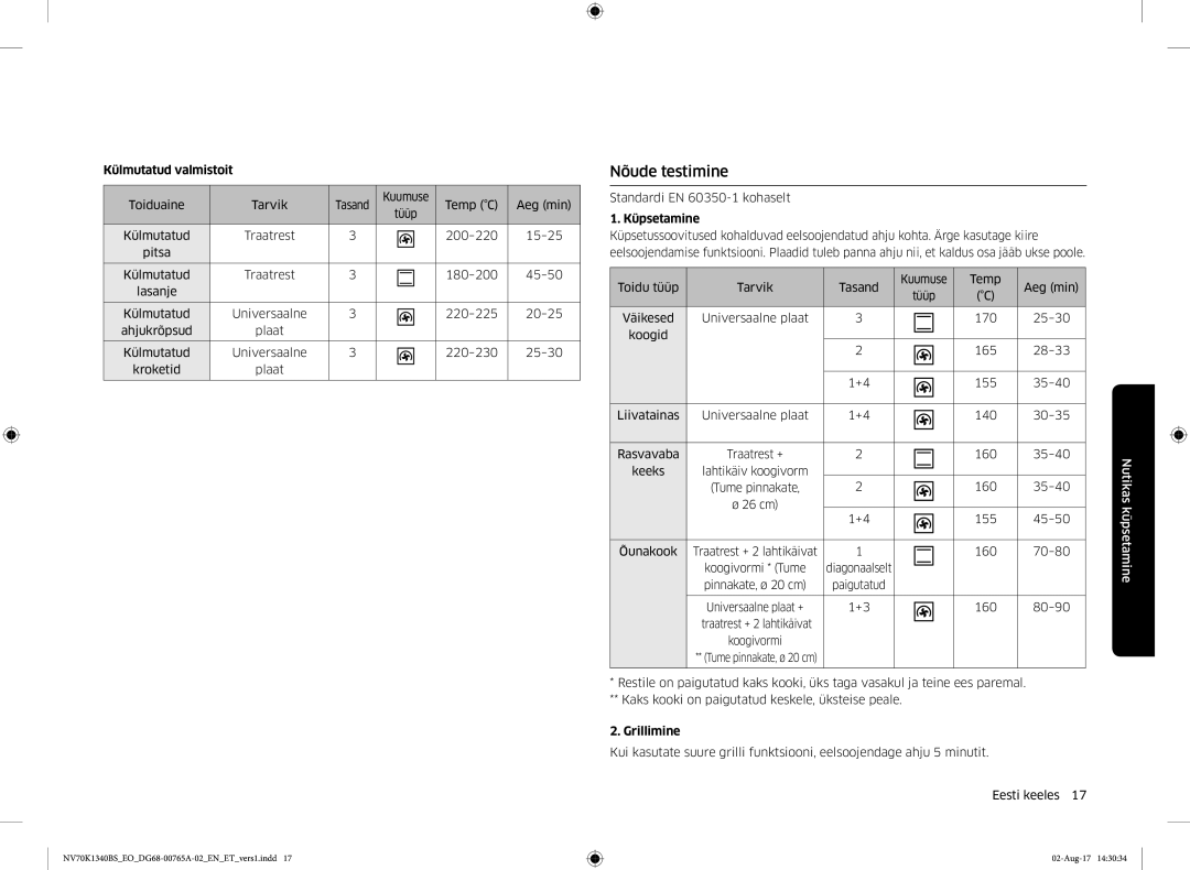 Samsung NV70K1340BS/EO, NV70K1340BB/EO manual Nõude testimine, Külmutatud valmistoit 