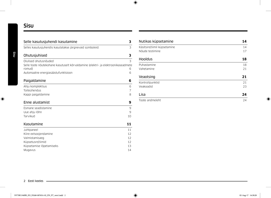 Samsung NV70K1340BB/EO, NV70K1340BS/EO manual Sisu 