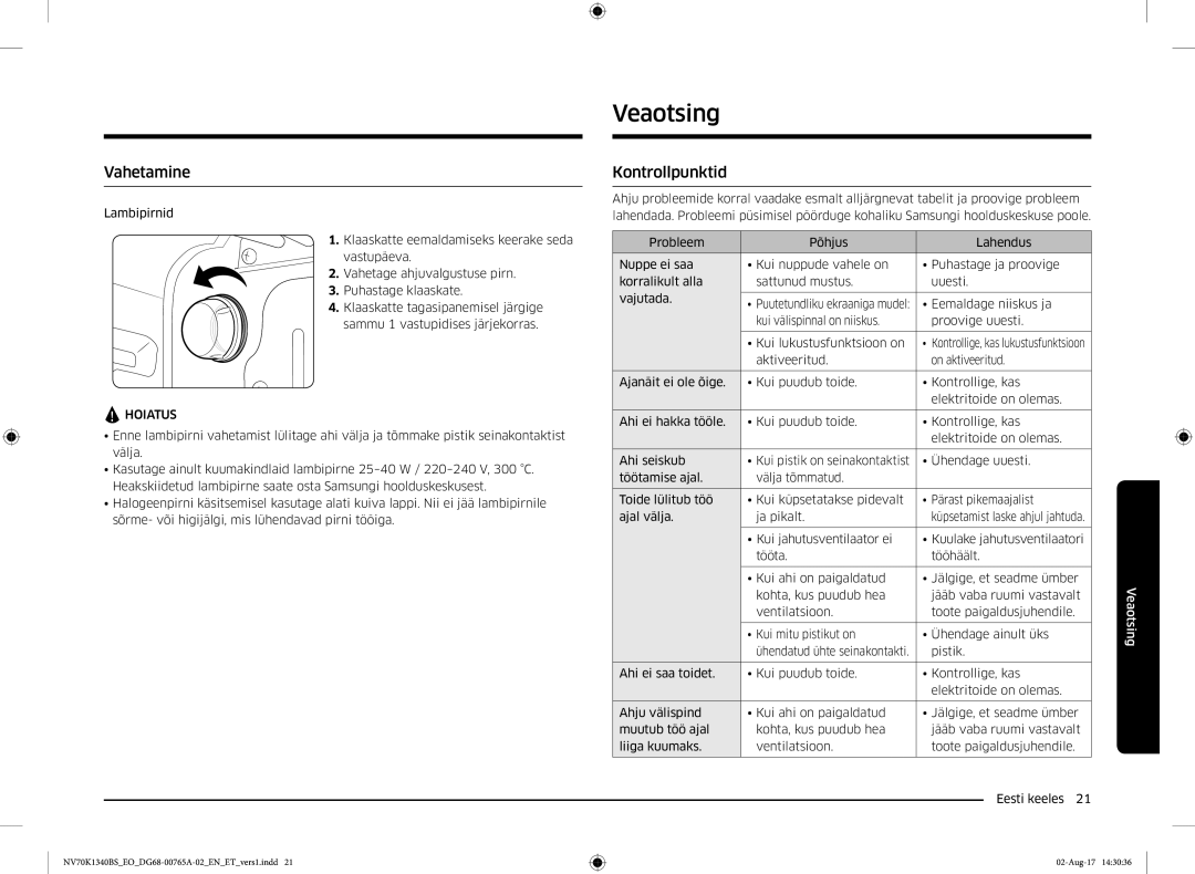 Samsung NV70K1340BS/EO, NV70K1340BB/EO manual Veaotsing, Vahetamine, Kontrollpunktid 