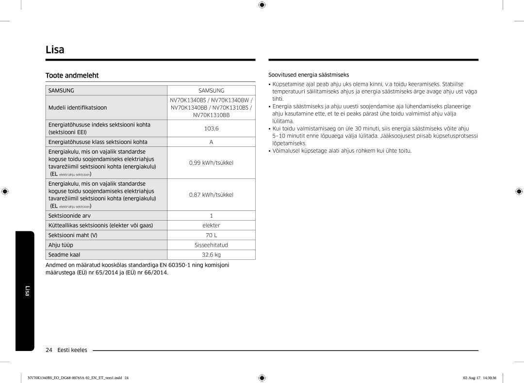 Samsung NV70K1340BB/EO, NV70K1340BS/EO manual Lisa, Toote andmeleht 