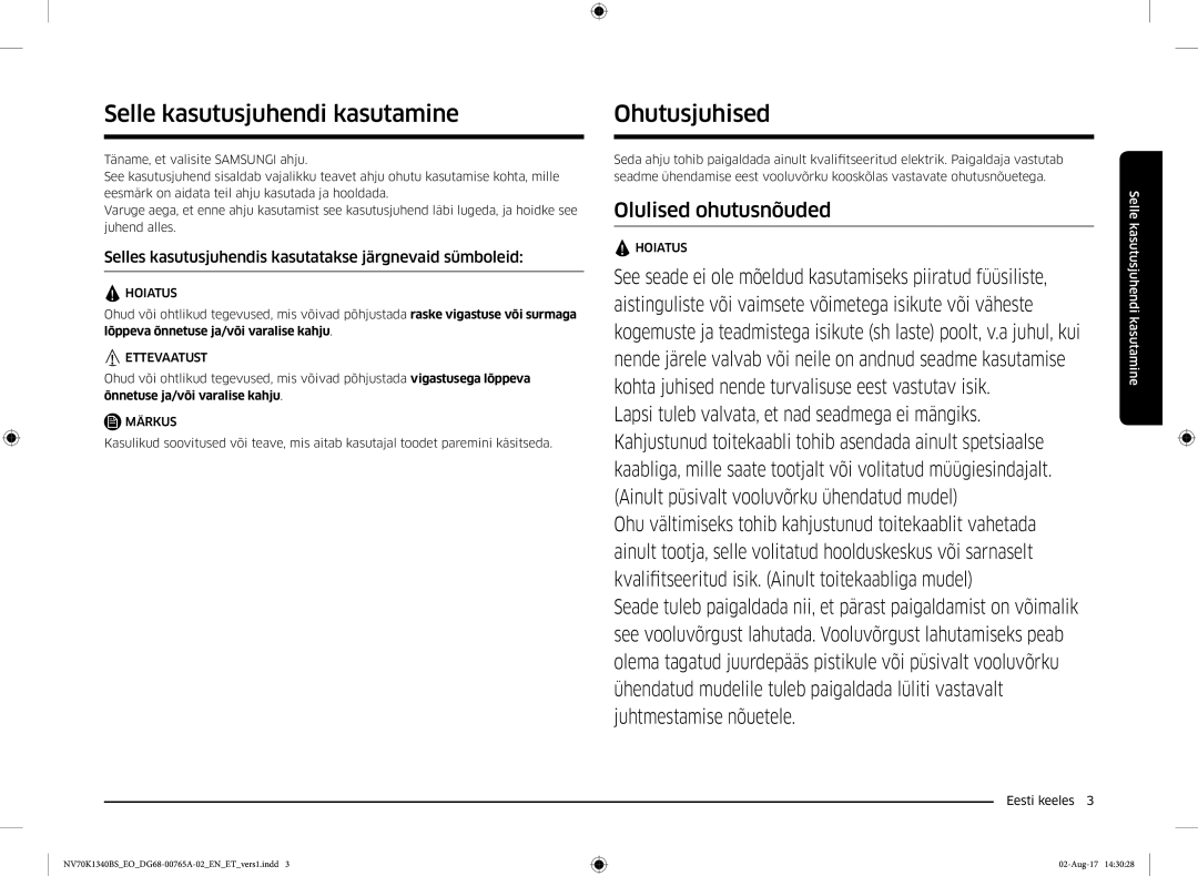 Samsung NV70K1340BS/EO, NV70K1340BB/EO manual Selle kasutusjuhendi kasutamine, Ohutusjuhised 