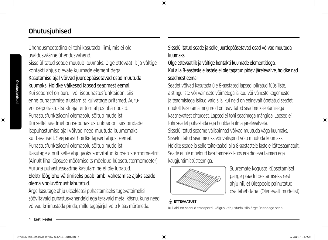 Samsung NV70K1340BB/EO, NV70K1340BS/EO manual Ohutusjuhised 