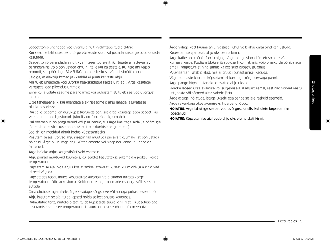 Samsung NV70K1340BS/EO, NV70K1340BB/EO manual Ohutusjuhised 