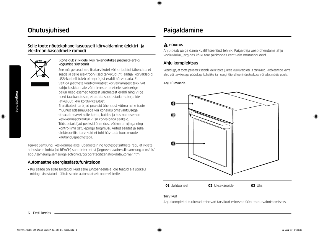 Samsung NV70K1340BB/EO manual Paigaldamine, Automaatne energiasäästufunktsioon, Ahju komplektsus, Juhtpaneel Uksekäepide 