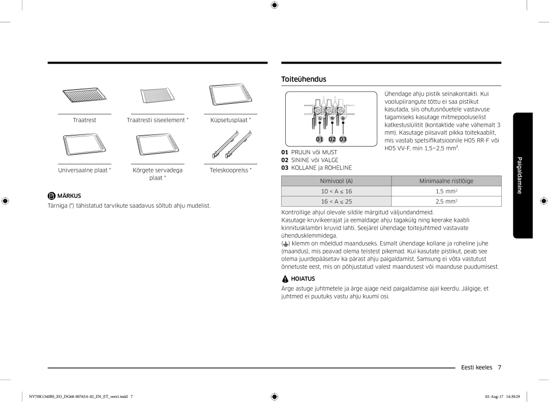 Samsung NV70K1340BS/EO, NV70K1340BB/EO manual Toiteühendus 