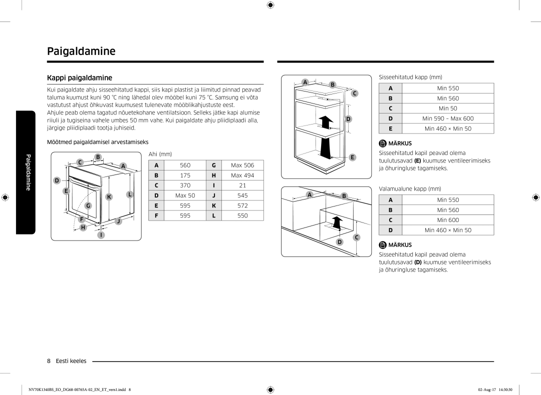 Samsung NV70K1340BB/EO, NV70K1340BS/EO manual Kappi paigaldamine, Min 460 × Min 