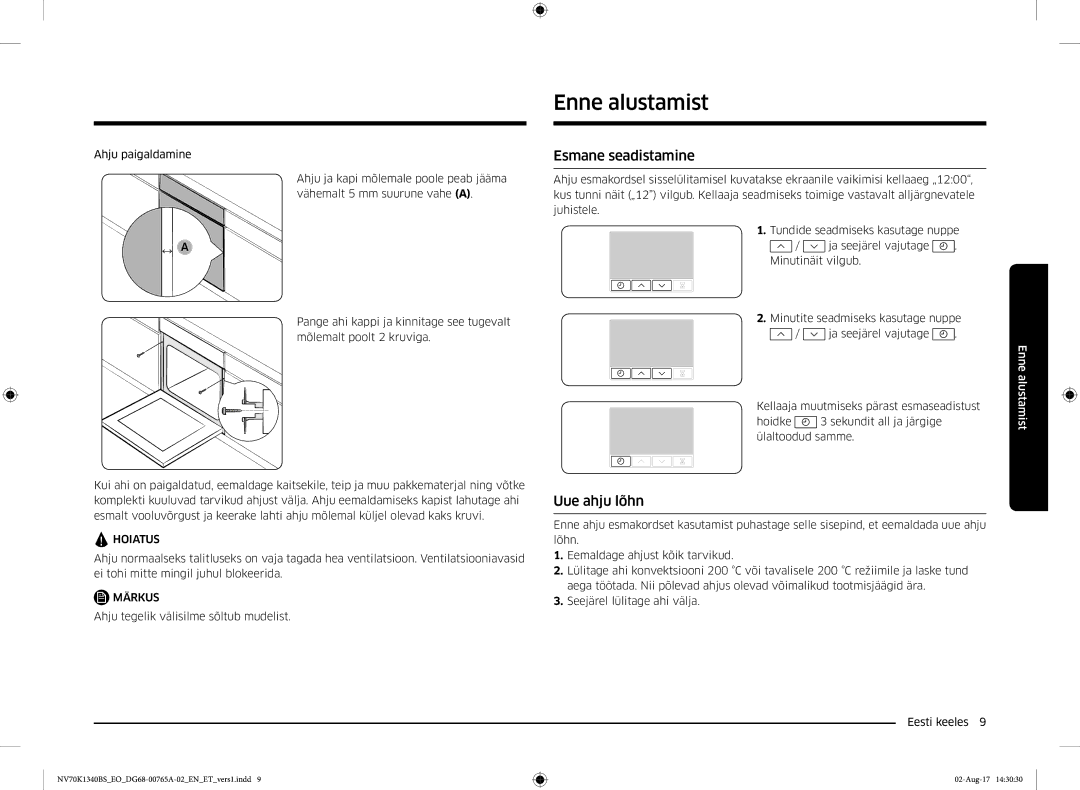 Samsung NV70K1340BS/EO, NV70K1340BB/EO manual Enne alustamist, Esmane seadistamine, Uue ahju lõhn 