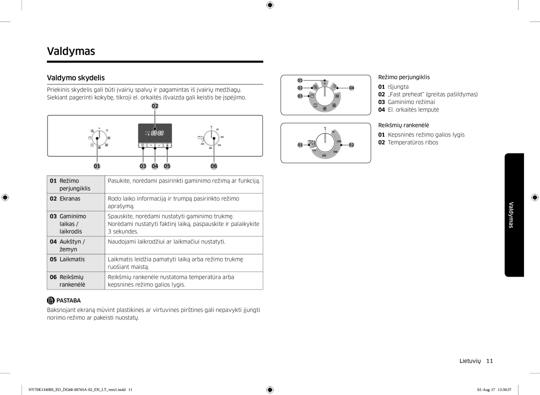 Samsung NV70K1340BS/EO, NV70K1340BB/EO manual Valdymas, Valdymo skydelis 