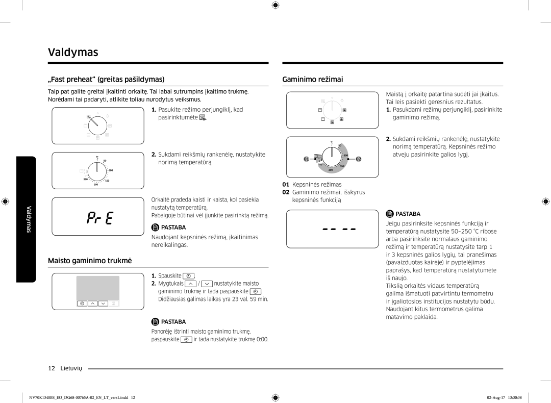 Samsung NV70K1340BB/EO, NV70K1340BS/EO manual „Fast preheat greitas pašildymas, Maisto gaminimo trukmė, Gaminimo režimai 