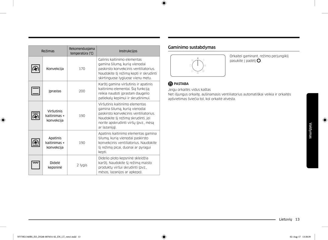 Samsung NV70K1340BS/EO, NV70K1340BB/EO manual Gaminimo sustabdymas 