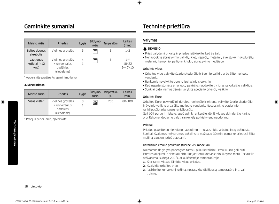 Samsung NV70K1340BB/EO, NV70K1340BS/EO manual Techninė priežiūra, Valymas 