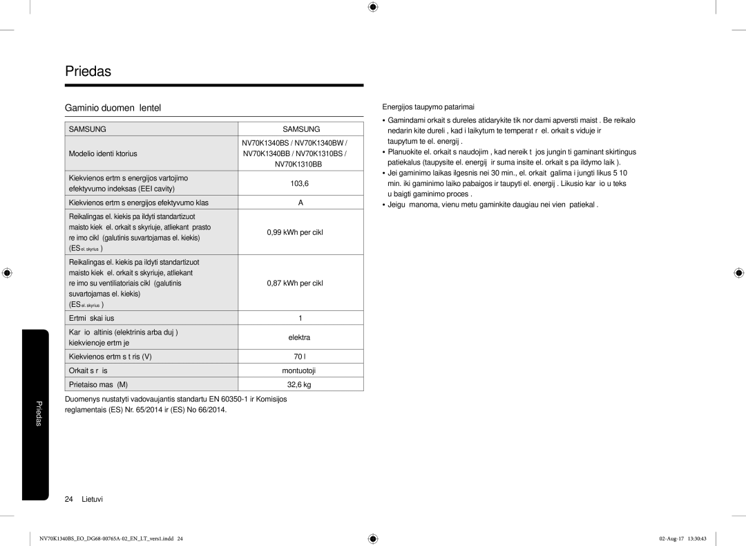 Samsung NV70K1340BB/EO, NV70K1340BS/EO manual Priedas, Gaminio duomenų lentelė 