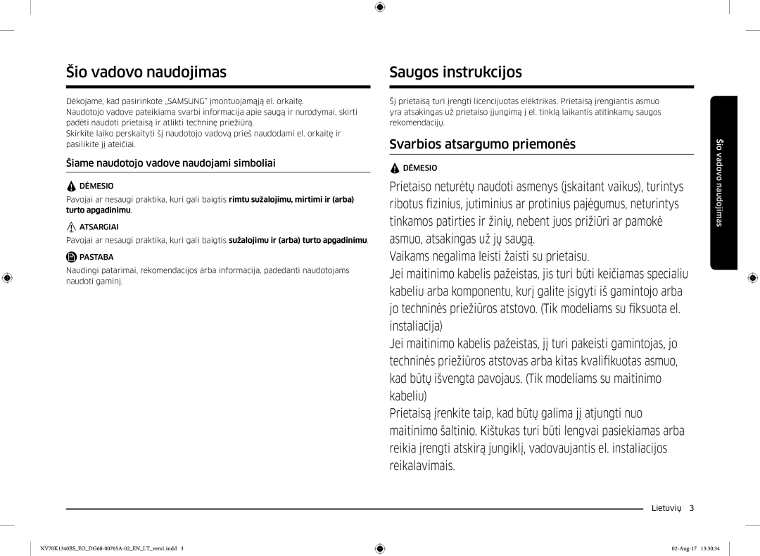 Samsung NV70K1340BS/EO manual Šio vadovo naudojimas, Saugos instrukcijos, Šiame naudotojo vadove naudojami simboliai 