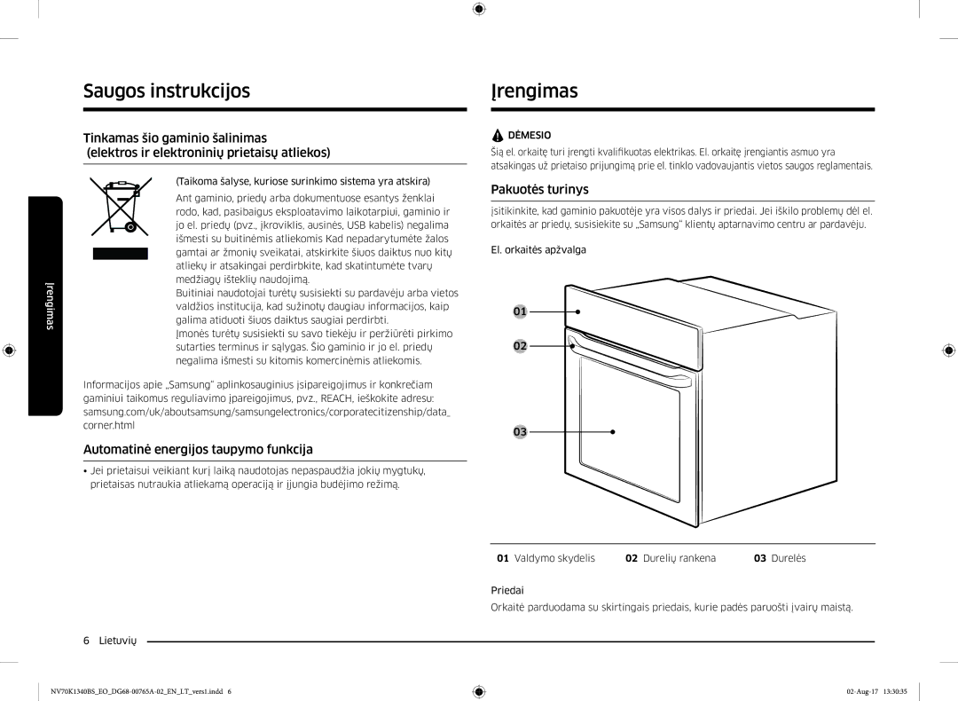 Samsung NV70K1340BB/EO, NV70K1340BS/EO manual Įrengimas, Automatinė energijos taupymo funkcija, Pakuotės turinys 