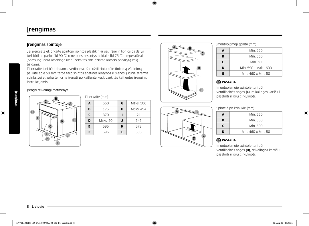 Samsung NV70K1340BB/EO, NV70K1340BS/EO manual Įrengimas spintoje, Min x Min 