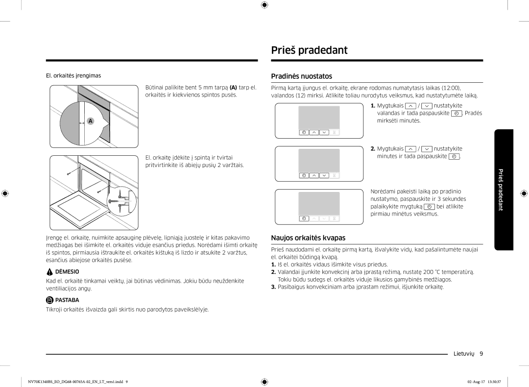 Samsung NV70K1340BS/EO, NV70K1340BB/EO manual Prieš pradedant, Pradinės nuostatos, Naujos orkaitės kvapas 