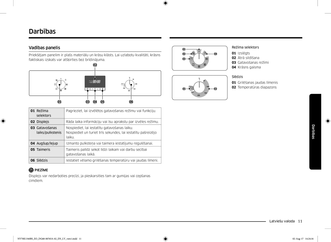 Samsung NV70K1340BS/EO, NV70K1340BB/EO manual Darbības, Vadības panelis 