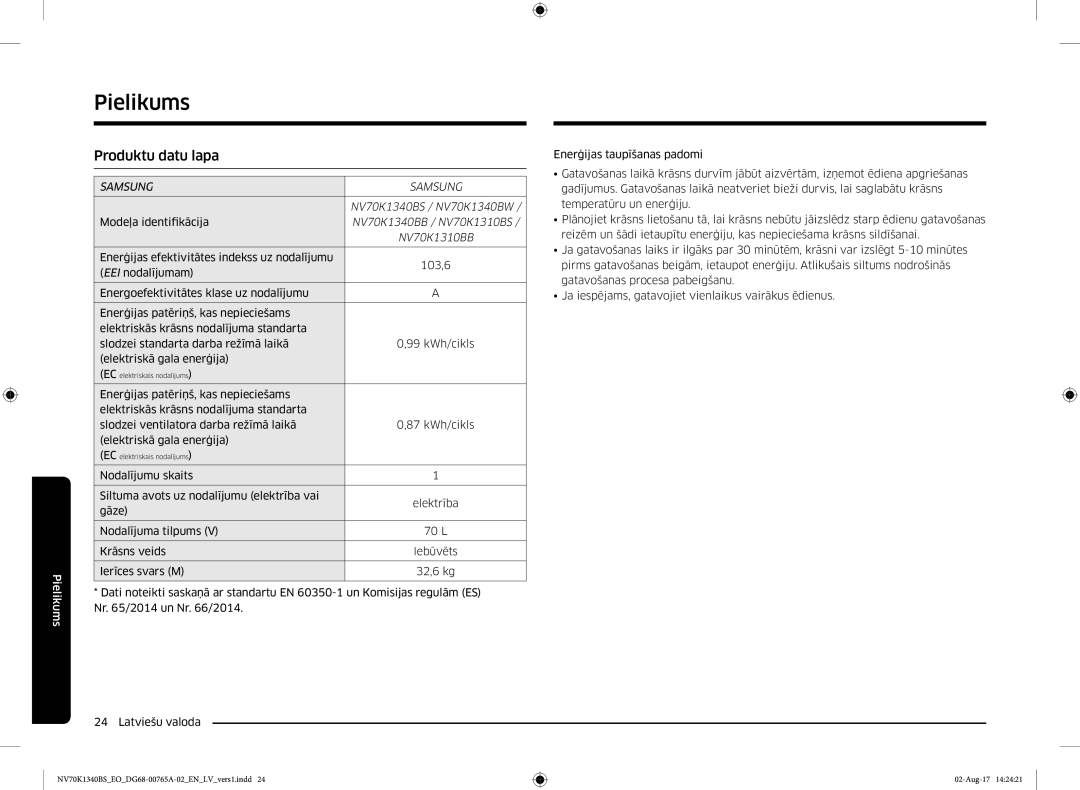 Samsung NV70K1340BB/EO, NV70K1340BS/EO manual Pielikums, Produktu datu lapa 