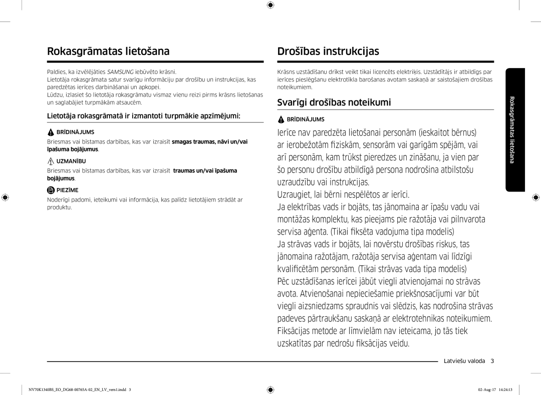 Samsung NV70K1340BS/EO, NV70K1340BB/EO manual Rokasgrāmatas lietošana, Drošības instrukcijas 