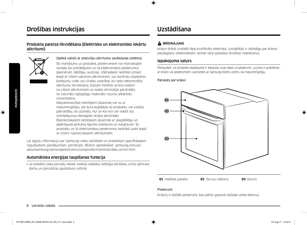 Samsung NV70K1340BB/EO, NV70K1340BS/EO manual Uzstādīšana, Automātiska enerģijas taupīšanas funkcija, Iepakojuma saturs 