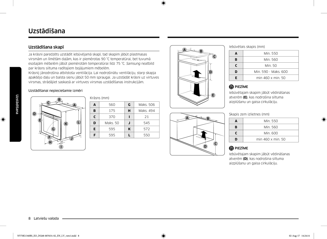 Samsung NV70K1340BB/EO, NV70K1340BS/EO manual Uzstādīšana skapī, Min 460 x min 