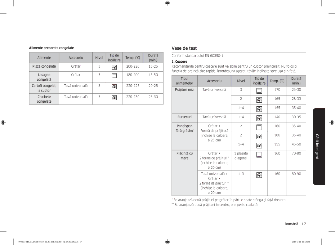 Samsung NV70K1340BS/OL, NV70K1340BB/OL, NV70K1340BB/EO, NV70K1340BS/ML manual Vase de test, Alimente preparate congelate 