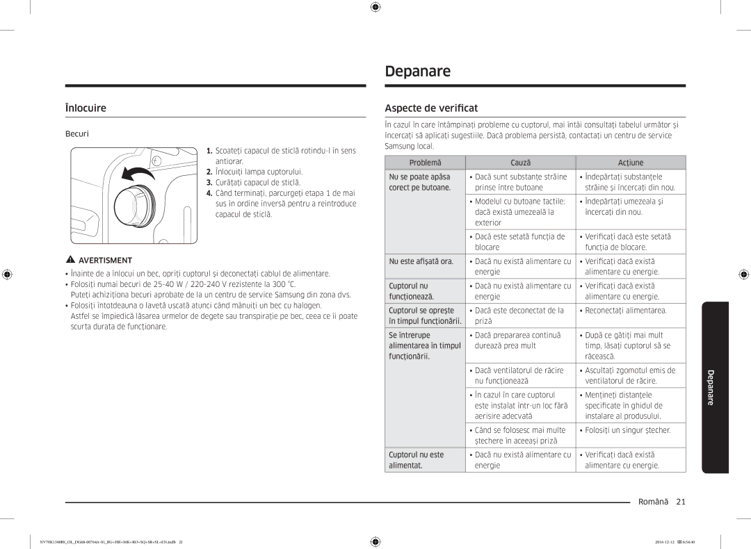 Samsung NV70K1340BS/OL, NV70K1340BB/OL, NV70K1340BB/EO, NV70K1340BS/ML manual Depanare, Înlocuire, Aspecte de verificat 